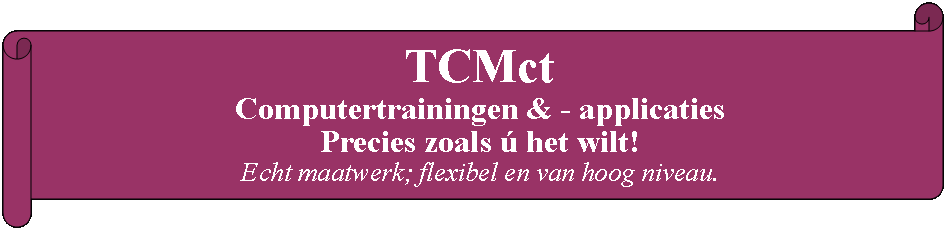 Rol: horizontaal: TCMct Computertrainingen & - applicaties Precies zoals ú het wilt!Echt maatwerk; flexibel en van hoog niveau.
